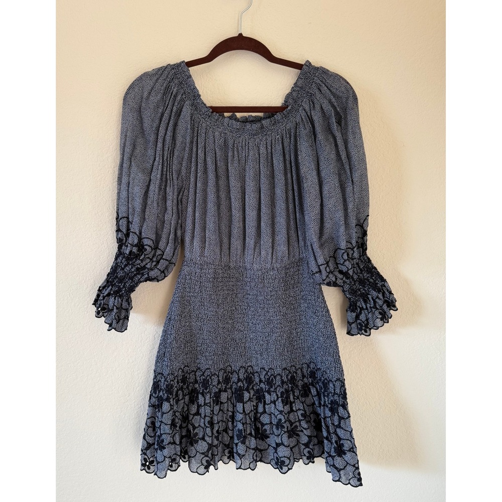 Alexis Royce Smocked Embroidered Ruffle Mini Dress Blue Cocktail Casual Size XS‎